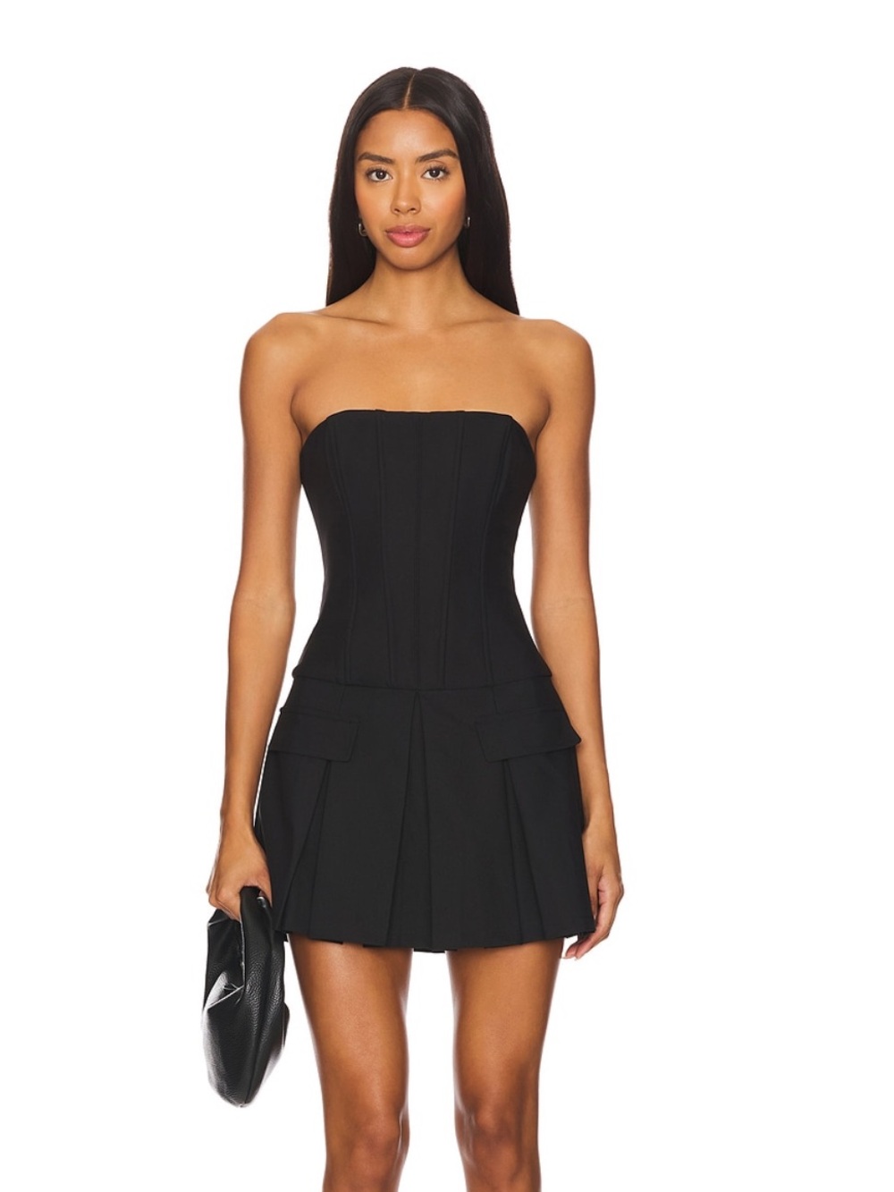 Strapless Black Mini Dress with Pleated Skirt